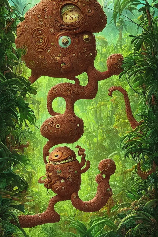 Image similar to an intricate cute monster, taking a walk, lush jungle, a hut in the background, by kokaris, naoto hattori, moebius and android jones