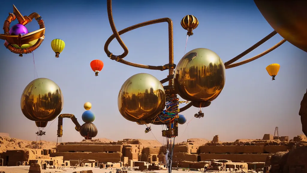 Prompt: large colorful futuristic space age metallic steampunk balloons with pipework and electrical wiring around the outside, and people on rope swings underneath, flying high over the beautiful ancient egyptian city landscape, professional photography, 8 0 mm telephoto lens, realistic, detailed, photorealistic, photojournalism