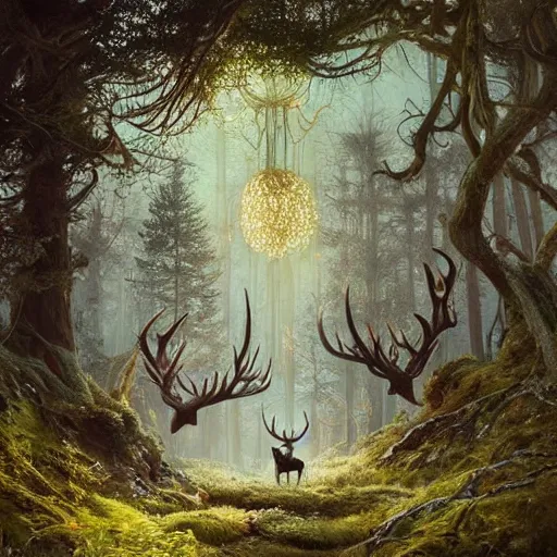 Image similar to elk in an enchanted forest, intricate design, elegant, magical, art nouveau, environment art, film still, glowing mushrooms, trails, close up, art by artgerm and greg rutkowski and ruan jia and peter polach