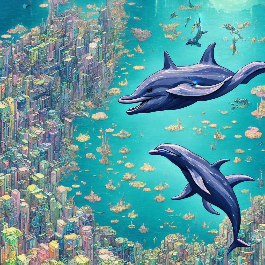 Image similar to a beautiful hyperdetailed character design 4 k wallpaper illustration of a cute dolphin, city by the sea, victo ngai cyberpunk style, from china, style of studio ghibli, makoto shinkai, raphael lacoste, louis comfort tiffany, artgerm, james jean, ross tran, chinese style