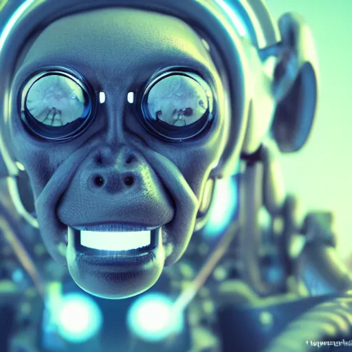 Image similar to a cyborg monkey, sci-fi, cyborg, close-up, cybernetic implant, neon, cyberpunk, center frame portrait, 8k, concept art, octane render