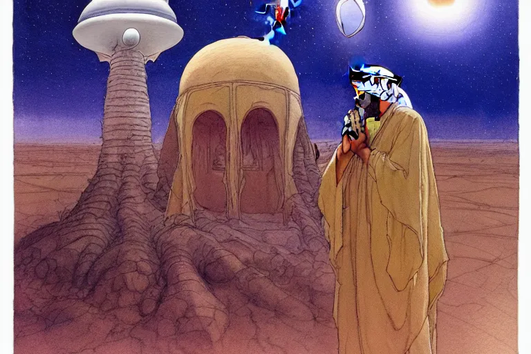 Image similar to a hyperrealist watercolour character concept art portrait of a middle eastern merchant keeling down in prayer in front of an elegant alien with 1 2 eyes on a misty night in the desert. a ufo is in the background. by rebecca guay, michael kaluta, charles vess and jean moebius giraud