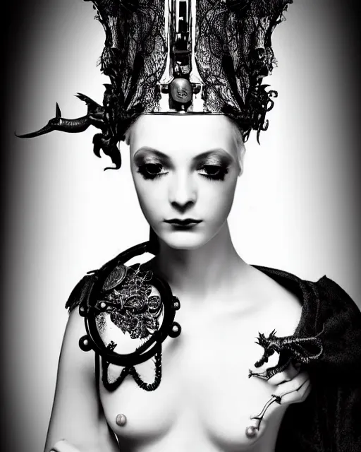 Image similar to a black and white high quality dreamy photo of a young beautiful female queen-silver dragon-vegetal-flower-cyborg black lace veiled bust with a very long steampunk cyborg neck, elegant, highly detailed, poetic, soft, dreamy, mysterious, high fashion, in the style of Horst P. Horst, Metropolis, Realistic, Refined, Digital Art, Highly Detailed, Cinematic Lighting, rim light, black and white, photo-realistic, 8K