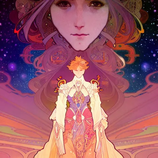 Image similar to a beautiful highly detailed digital art of colorful castle nebulas by alphonse mucha, moebius, krenz cushart, stars in the background, highly detailed, intricate design, cinematic view, 8 k resolution, trending on artstation