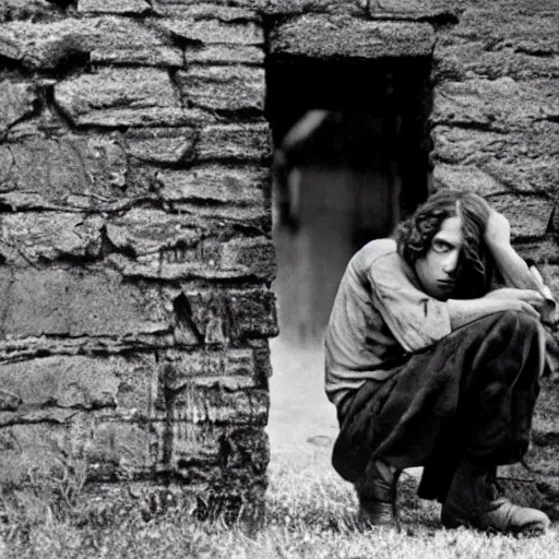 Image similar to Still of a movie set in the 1930s where a terrified young man with long hair is crouched up against a stone wall. He is looking utterly panicked and distressed