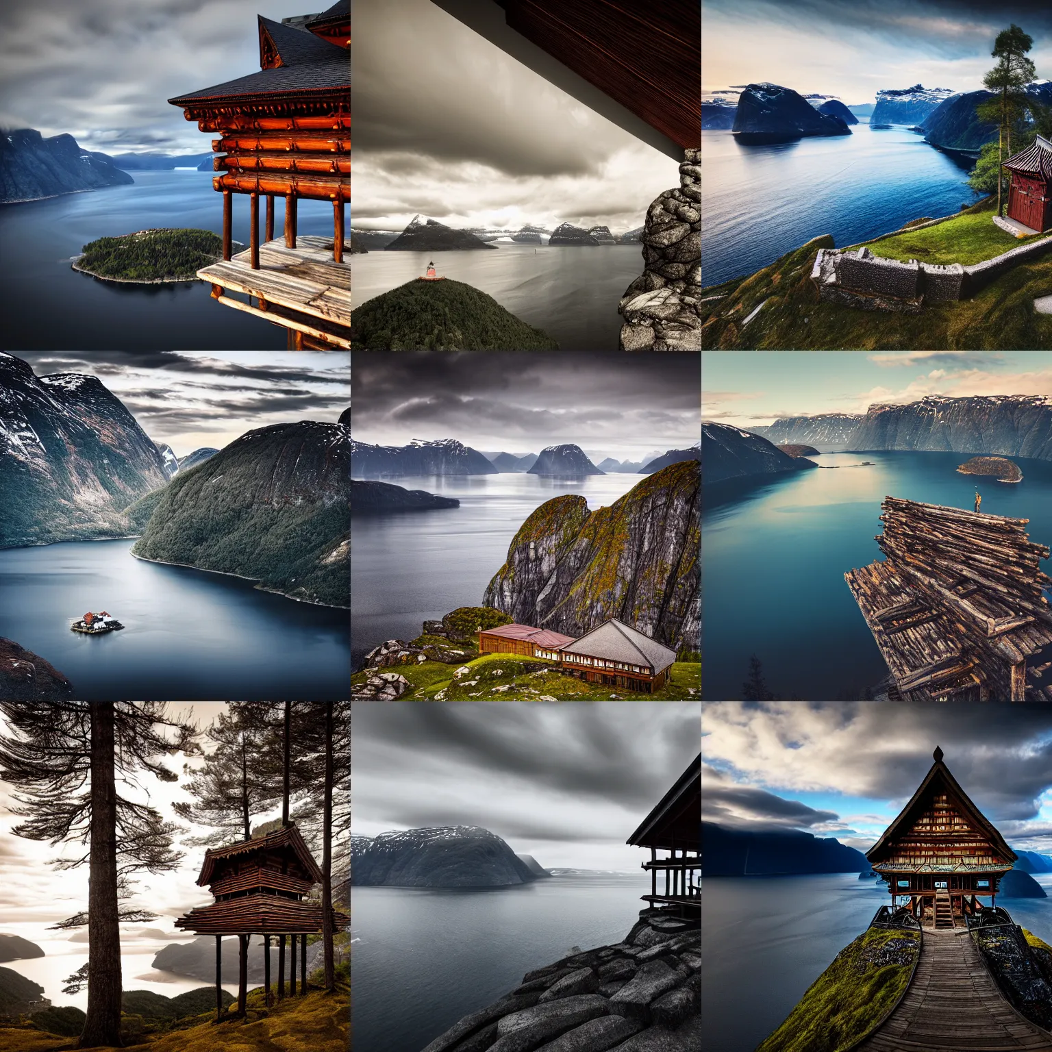 Prompt: conde nast traveler photo, timber temple, overlooking norwegian fjord, ultra wide angle, landscape photography, epic composition, dramatic lighting and shadow, trending on artstation, hypperealistic, surreal, intricate details