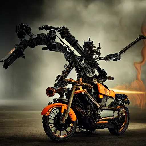 Prompt: bicycle mecha, dark messy smoke - filled cluttered workshop, dark, dramatic lighting, orange tint, cinematic, highly detailed, sci - fi, futuristic, movie still