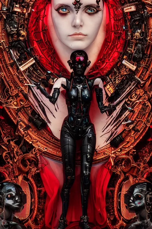 Prompt: full-body cyberpunk style sculpture of a young beautiful dark priestess, half android with a head opening exposing circuitry, glowing red eyes, black roses, flowing blood-red colored silk, fabric, candles. baroque elements, human skulls. full-length view. baroque element. intricate artwork by Caravaggio. crows flying in background. Trending on artstation, octane render, cinematic lighting from the right, hyper realism, octane render, 8k, depth of field, 3D