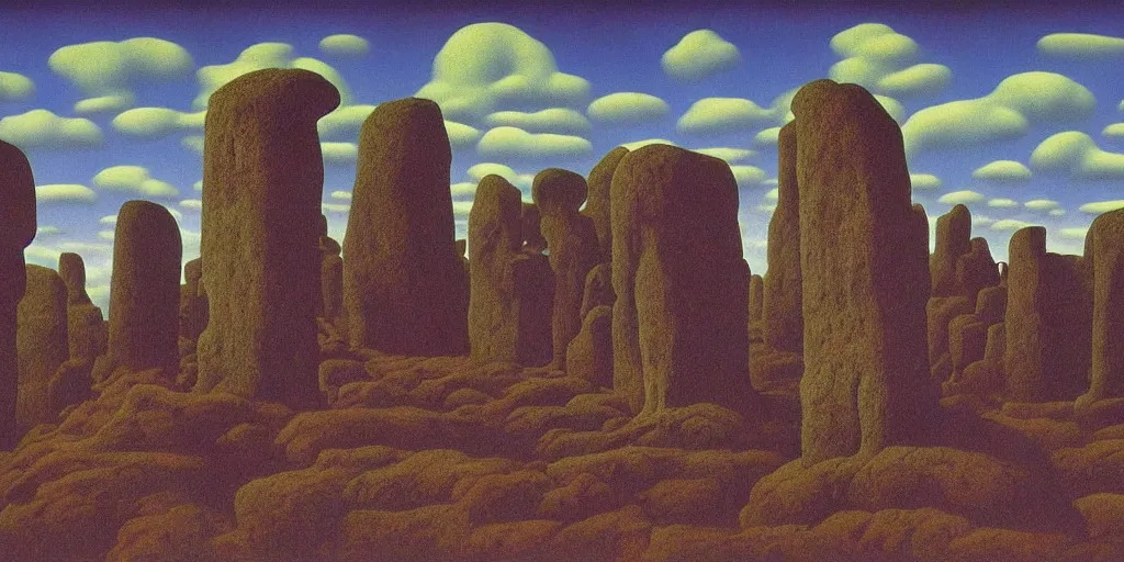 Prompt: Megalithic Monolithic in taiga landscape by Richard Corben, by René Magritte, surrealism, gothic, baroque