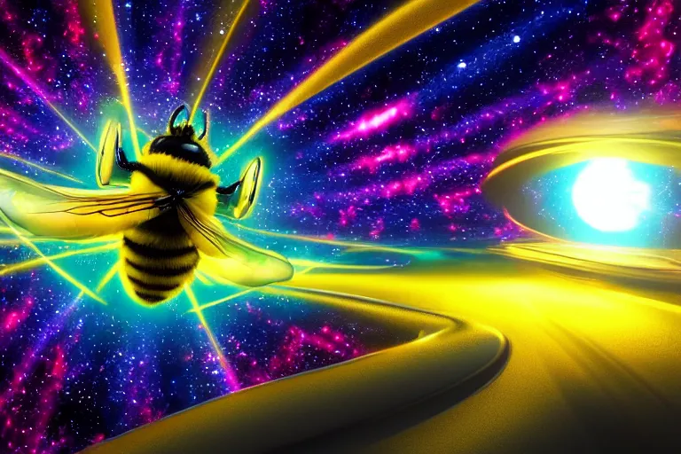 Image similar to bumble bee flying through a glowing ring descending upon the earth, psychedelic landscape, trending on artstation, featured on deviantart, award winning digital artwork art