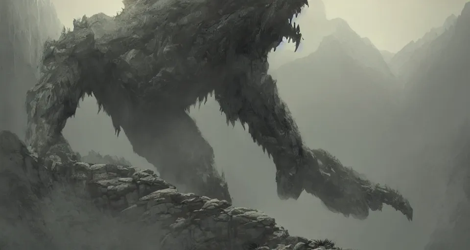 Image similar to a giant monster with many limbs crawling across a misty mountainous landscape, dramatic lighting, illustration by francois baranger, greg rutkowski, yoji shinkawa, 4 k, digital art, concept art, trending on artstation