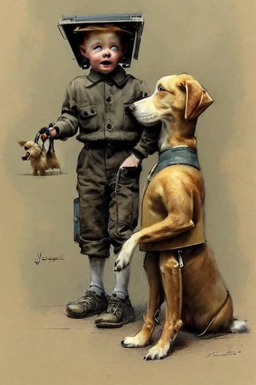 Image similar to (((((1950s boy and his robot box shaped k9 dog. muted colors.))))) by Jean-Baptiste Monge !!!!!!!!!!!!!!!!!!!!!!!!!!!