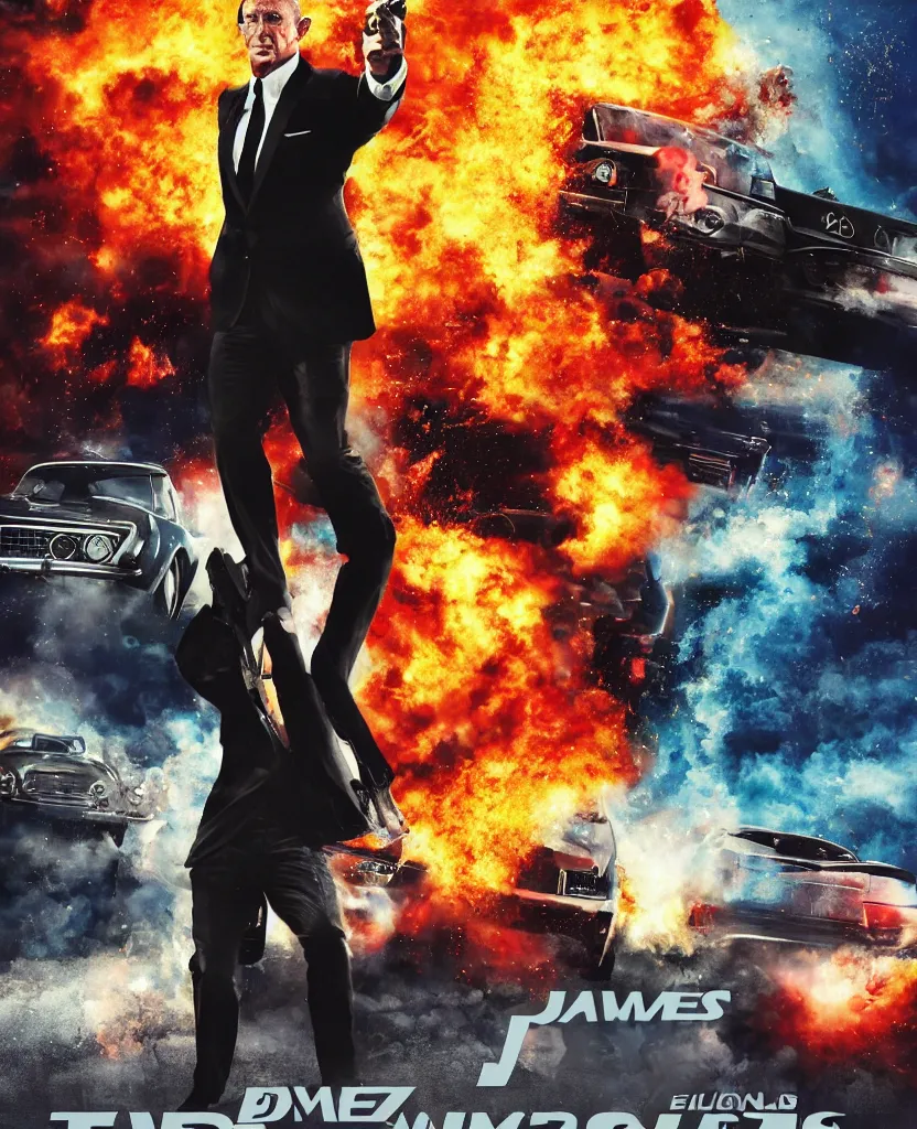 Prompt: James Bond explosions and cars in the background, Movie Poster by Drew Sturzan