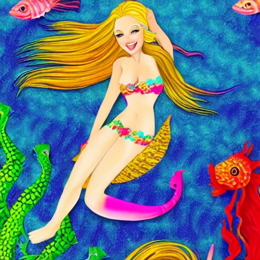 Image similar to detailed photo of alluring blonde mermaid riding a colorful seahorse underwater surrounded by fish