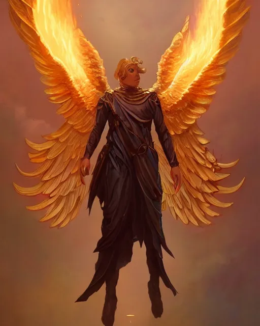 Prompt: character portrait of a male angel of justice with golden flame wings, by peter mohrbacher, mark brooks, jim burns, marina abramovic, wadim kashin, greg rutkowski, trending on artstation