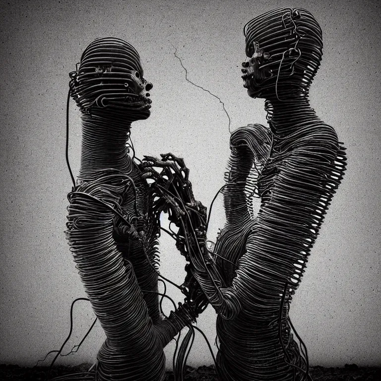 Image similar to portrait of abandoned ribbed sculpture of two kissing cyborgs, covered with wires, spines, roots, ash, mold, baroque painting, standing in a desolate empty wasteland, creepy, nightmare, dream-like heavy atmosphere, dark fog, surreal abandoned buildings, baroque painting, beautiful detailed intricate insanely detailed octane render trending on Artstation, 8K artistic photography, photorealistic, volumetric cinematic light, chiaroscuro, zoomed out, Raphael, Caravaggio, Beksinski, Giger