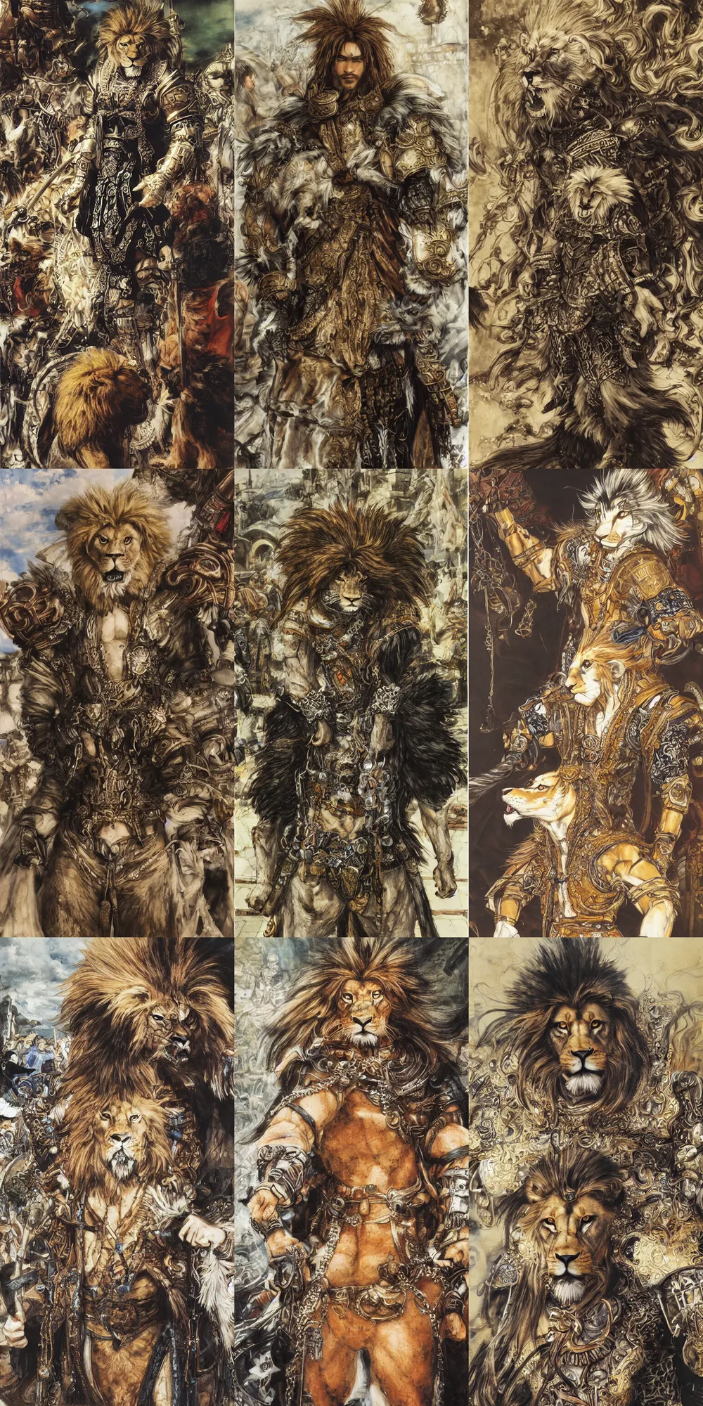 Image similar to 8 k yoshitaka amano painting of upper body of a young cool looking lion beastman with white mane at a medieval market at windy day. depth of field. he is wearing complex fantasy clothing. he has huge paws. renaissance style lighting.