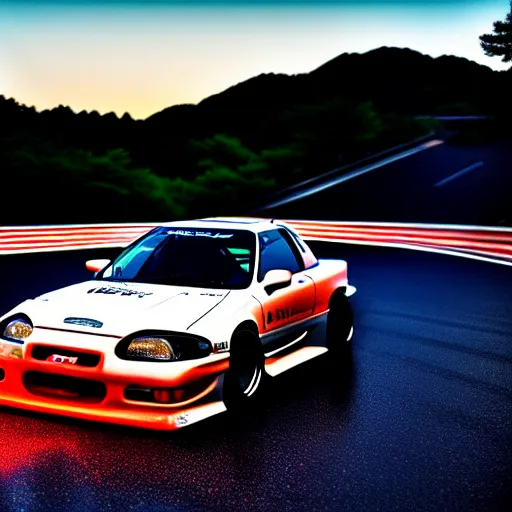 Image similar to a car drift spec mazda fc3s rx7 in middle of road, gunma prefecture, city sunset night, cinematic color, photorealistic, highly detailed