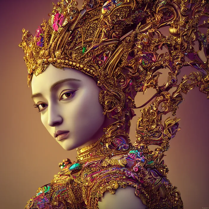 Image similar to A photo-real delicate sculpture of an ornate queen in front of an intricate background by AJ Fosik, Micro detail, backlighting, octane renderer, colorful, physically based render