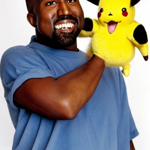 Prompt: kanye west smiling holding pikachu for a 1 9 9 0 s sitcom tv show, studio photograph, portrait c 1 2. 0