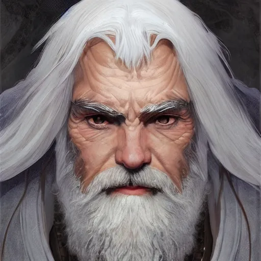 Prompt: old male archmage, large bushy eyebrows, white and gold robes, short white beard, D&D, fantasy, intricate, elegant, highly detailed, digital painting, artstation, concept art, smooth, sharp focus, illustration, art by artgerm and greg rutkowski and alphonse mucha