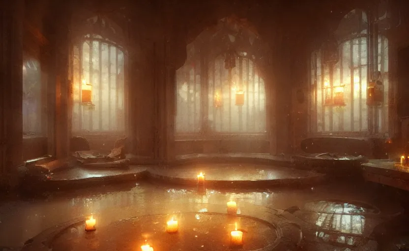 Prompt: painting of an interior of a bath house with candles, concept art, by greg rutkowski and craig mullins, cozy atmospheric and cinematic lighting, trending on artstation