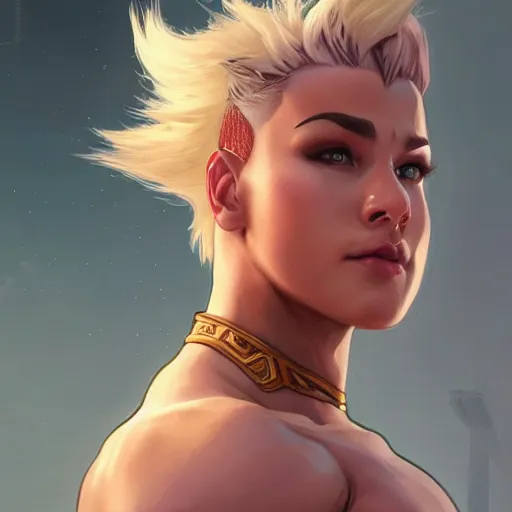Prompt: character portrait of Zarya from Overwatch, muscular, clothed, intricate, wild, highly detailed, digital painting, artstation, upper body, concept art, smooth, sharp focus, illustration, art by artgerm and greg rutkowski and alphonse mucha