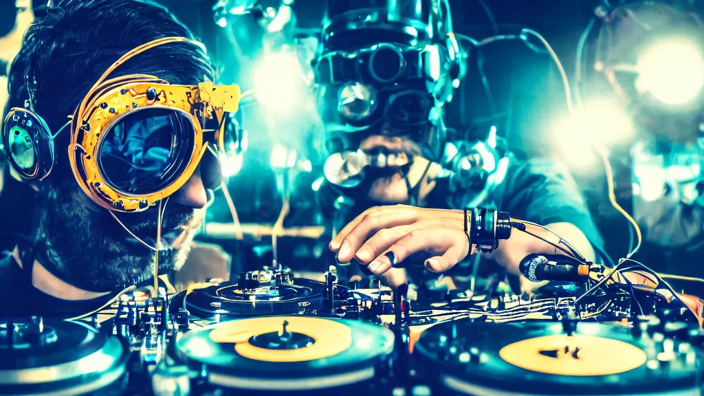 Image similar to a person wearing goggles and visor and headphones using a steampunk record player contraption, wires and tubes, turntablism dj scratching, intricate planetary gears, cinematic, imax, sharp focus, leds, bokeh, iridescent, black light, fog machine, hazy, lasers