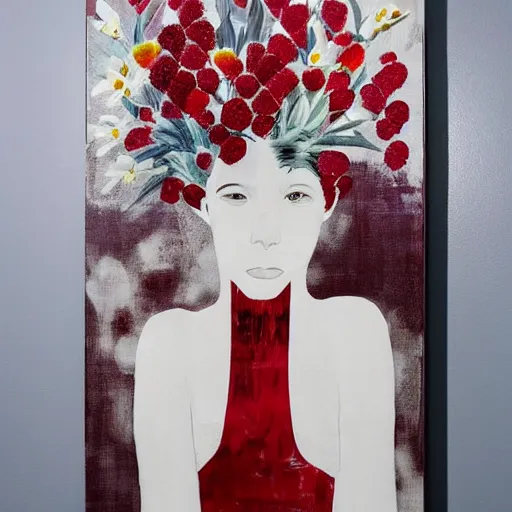 Image similar to “art in an Australian artist’s apartment, portrait of a woman wearing stained white cotton cloth, stained by fresh raspberries and strawberries and blueberries, white wax, edible flowers, Japanese pottery, Australian native white and red flowers ikebana, black walls, acrylic and spray paint and oilstick on canvas”