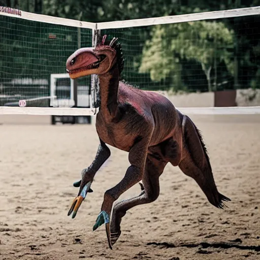 Prompt: a horse and a velociraptor playing volleyball