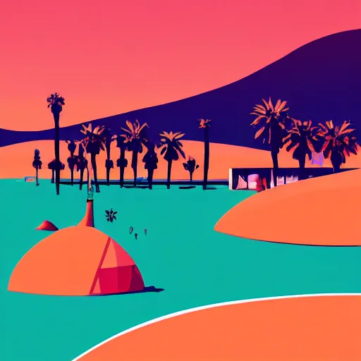 Prompt: a beautiful illustration of palm springs by James gilleard, artstation HD, geometric lines, olive and tangerine colors, HD, 4k, 8k