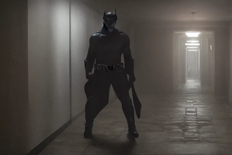 Image similar to batman wielding axe, chasing man through hallway, atmospheric eerie lighting, bodycam