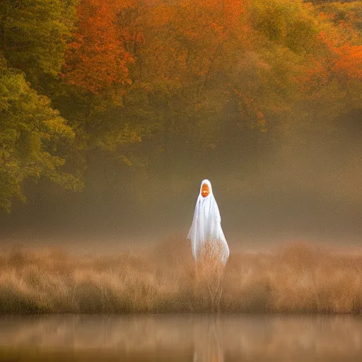 Prompt: a ghostly woman in a white dress rising from a misty lake dripping wet, high resolution photograph, autumn, sunrise, eerie light