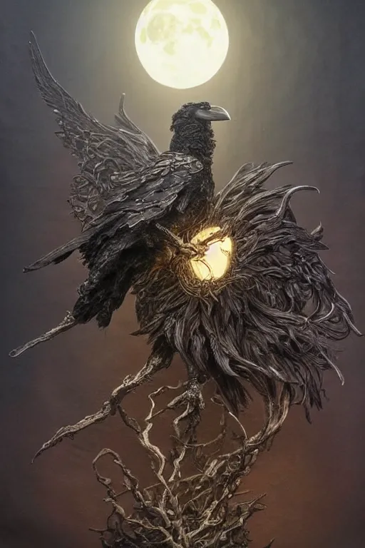 Image similar to Intricate stunning highly detailed raven by agostino arrivabene and Vladimir Kush, surreal metal sculpture, ultra realistic, Horror, dramatic lighting, full moon, blood moon, thick black swirling smoke tornado, burning fire embers, artstation