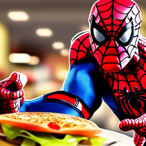 Image similar to spiderman eating greasy food from arby's restaurant, photorealistic, highly detailed,