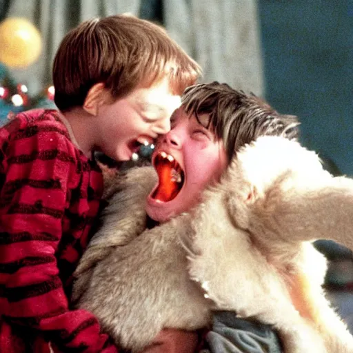 Prompt: a giant huge dragon eating kevin in home alone movie