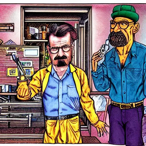 Image similar to The Artwork of R. Crumb and his Cheap Suit Breaking-Bad-Walter-White meth-lab prison, pencil and colored marker artwork, trailer-trash lifestyle