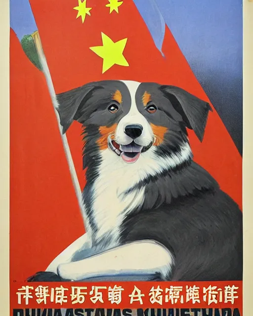 Image similar to communist propaganda poster of an australian shepherd soldier, communist china art