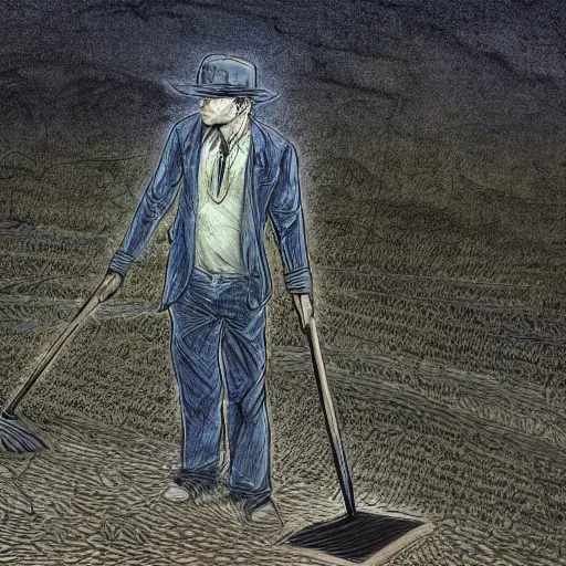 Image similar to a man with a shovel standing digging up a grave with a dead body in it, subtle blue, orange, and dark green tones, high quality, high detail, dark colors, sinister atmosphere, dramatic lighting, cinematic, establishing shot, extremely high detail, photo realistic, cinematic lighting, pen and ink, intricate line drawings, by Yoshitaka Amano, Ruan Jia, Kentaro Miura, Artgerm, post processed, concept art, artstation, matte painting, style by eddie mendoza, raphael lacoste, alex ross