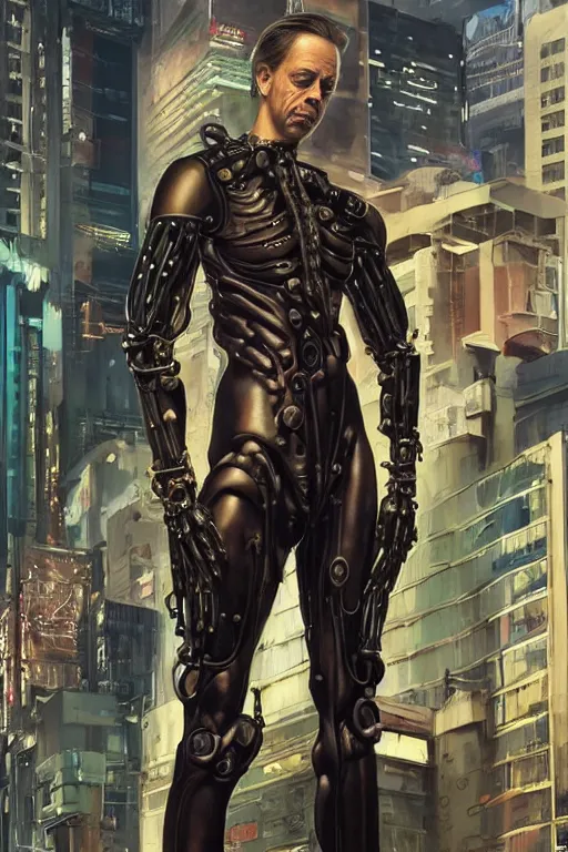 Image similar to wow! 3 / 4 stunning photorealistic portrait of steve buscemi in a kowloon cyberpunk cityscape, biomechanical bodysuit, oppai proportions, acid rain, dark fantasy by artgerm and clay mann and sorayama and alphonse mucha, very realistic, hyperdetailed, trending on artstation, octane render