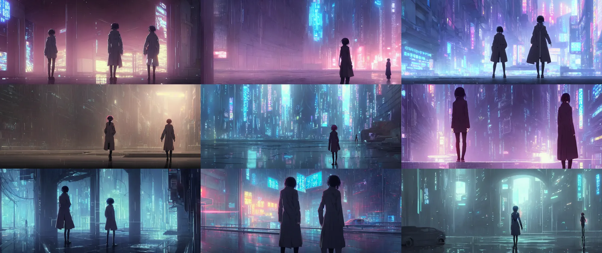 Prompt: a high definition screenshot from the haunting and strange science fiction ( ( ( cyberpunk ) ) ) anime anime anime film ; a lone lone single alone!!!!!!! female detective wearing a trenchcoat investigates a strange and ethereal dreamscape, digital painting by ( ( makoto shinkai ) ), moebius moebius, surrealism, trending on artstation