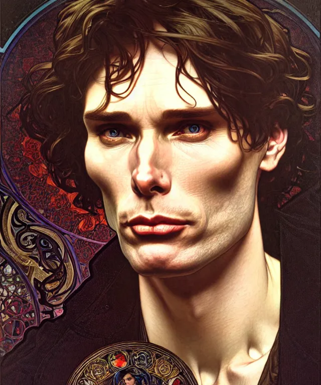 Prompt: realistic detailed face portrait of cillian murphy by alphonse mucha, ayami kojima, amano, greg hildebrandt, and mark brooks, male, art nouveau, neo - gothic, gothic