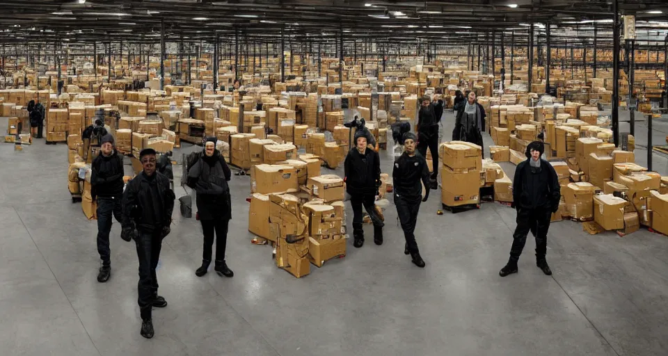 Prompt: film still of a heist movie about liberating Amazon warehouse workers directed by Denis Villeneuve