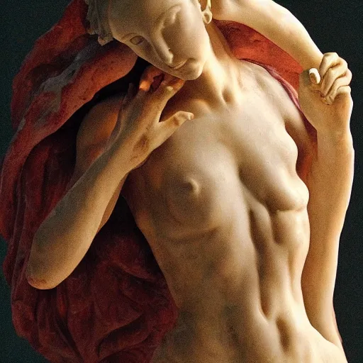 Prompt: sculpture of a woman, gloomy, blood, fire, intricate, elegant, highly detailed, sculpture art by michelangelo