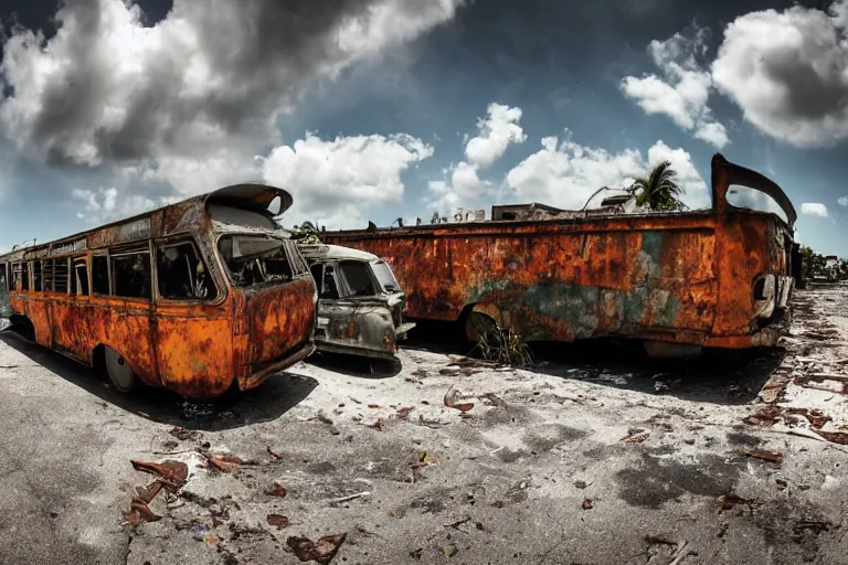 Image similar to wide angle shot of dilapidated fallout 5 miami, tropical coastal city, desolate, dilapidated, just a rusted retro futuristic vintage parked vehicles like cars, buses, trucks, trams, sunny weather, few clouds, volumetric lighting, photorealistic, daytime, spring, sharp focus, ultra detailed, technicolour 1