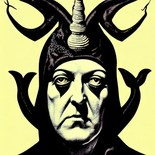 Prompt: graphic illustration, creative design, aleister crowley with baphomet, biopunk, francis bacon, highly detailed, hunter s thompson, concept art