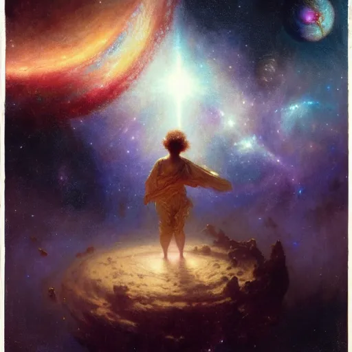 Image similar to a lonley and gloomy baby in middle of space surrounded by colorful stars planets and galaxies, high detail, by gaston bussiere, bayard wu, greg rutkowski, odd nerdrum, maxim verehin, dan dos santos, masterpiece, sharp focus, cinematic lightning