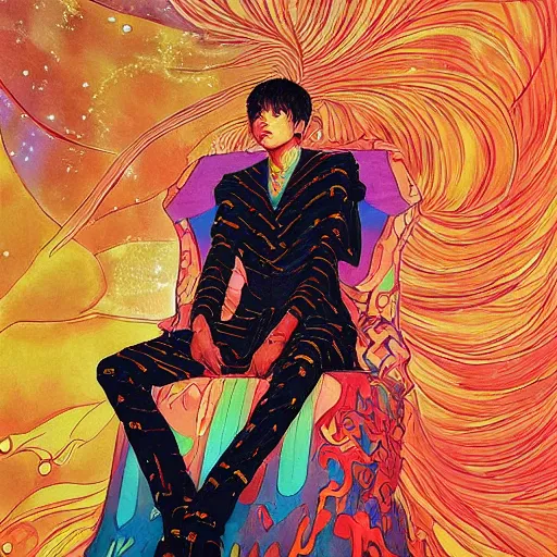 Prompt: closeup : kim taehyung as the emperor of the universe sits on his stellar and opulent throne. illustration by james jean and satoshi kon and erik jones, inspired by evangelion, smooth feature, intricate oil painting, high detail illustration, sharp high detail