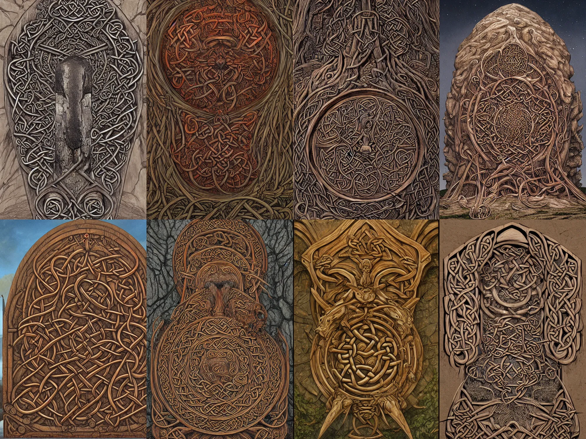 Prompt: front view of a celtic wall made in wood, art by James Jean and Wayne Barlowe, high details, hyper realist, cgsociety 8k