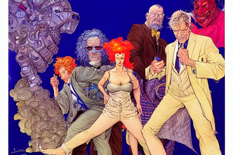 Image similar to a hyperrealist watercolour character concept art portrait of science fiction move poster, multiple characters, well lit night in las vegas, nevada. by rebecca guay, michael kaluta, charles vess and jean moebius giraud